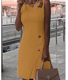 Χαμηλού Κόστους -Γυναικεία Φόρεμα για πάρτυ Φόρεμα εργασίας Φόρεμα σε ευθεία γραμμή Μίνι φόρεμα Μαύρο Λευκό Κίτρινο Αμάνικο Μονόχρωμες Κουμπί Καλοκαίρι Άνοιξη Φθινόπωρο Στρογγυλή Ψηλή Λαιμόκοψη Μοντέρνα