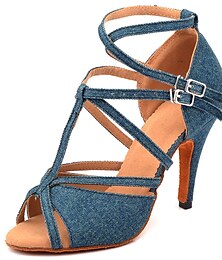cheap -Women's Latin Shoes Dance Shoes Stage Indoor Performance Heel Solid Color High Heel Peep Toe T-Strap Cross Strap Adults' Blue