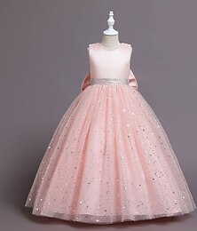 billiga -Barn Flickor Flower Girl Klänning Klänning Paljett Ärmlös Prestanda Bröllop Fest Nät Rosett Elegant Prinsessa Polyester Maxi A linjeklänning Tyllklänning Sommar Vår 4-13 år Flerfärgad Rodnande Rosa