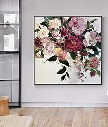 billiga -Hang målad oljemålning HANDMÅLAD Fyrkantig Stilleben Blommig / Botanisk Modern Inkludera innerram