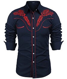 cheap -Men's Button Up Shirt Collared Shirt Cowboy Shirt Western Shirt Black Red Navy Blue Long Sleeve Floral Turndown Spring Fall Outdoor Work Clothing Apparel Button-Down