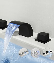 abordables -Grifo de lavabo de baño en cascada, luz led, latón montado en cubierta, grifos de baño de 2 manijas y 3 orificios generalizados con manguera de agua fría y caliente