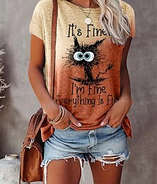 abordables -Mujer Camiseta Morado Marrón Gris Gato Letra Retazos Estampado Manga Corta Casual Diario Básico Escote Redondo Regular I'm Fine Everything Is Fine S