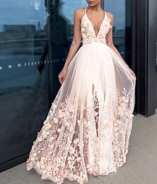 abordables -Robe de soirée A-Ligne robe florale invitée de mariage rentrée longueur de sol manches courtes col en V tulle avec drapés appliques 2025