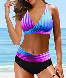 billiga -Dam Badkläder Bikini 2 st Plusstorlekar Baddräkt Öppen rygg Hög midja Nyans Gradientfärg V-hals Tropisk Tryck upp Baddräkter