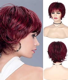 baratos -peruca vermelha de vinho peruca de cabelo curto em camadas para mulheres peruca cosplay sintética com franja peruca feminina halloween custome party