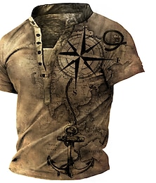 cheap -Summer Brown Compass And Anchor T shirt Tee Henley Shirt Tee Graphic Anchor Compass Stand Collar Clothing Apparel 3D Print Plus Size Outdoor Daily Short Sleeve Button-Down Print