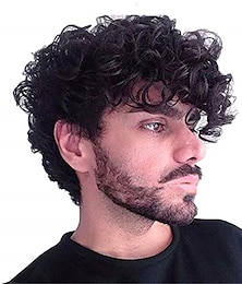 cheap -Short Curly Mens Black Wig Fluffy Synthetic Cosplay Halloween Hair Wig for Men