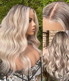 cheap -Highlights Ash Blonde Root 100% Premium Virgin Human Hair Wig 24” Wavy 13x4” Lace Front Wig HD Invisible Full Lace Wig for Women