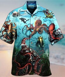 economico -Per uomo Tropicale Polpo Camicia Camicia hawaiana Camicia da campo Manica corta Camicia Collo ripiegabile Di tendenza Originale Informale Strada Informale Giornaliero Blu-verde Mare blu Giallo S M L