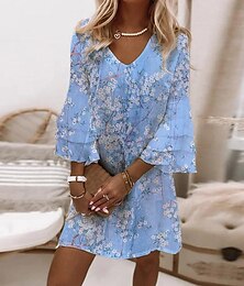 cheap -Women's Casual Dress Floral Ditsy Floral Ruched Print V Neck Mini Dress Elegant Casual Daily Weekend 3/4 Length Sleeve Regular Fit Purple Green Light Blue Summer Spring S M L XL XXL