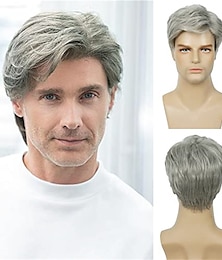 baratos -Perucas masculinas peruca cinza prata curta sintética resistente ao calor natural cosplay de halloween peruca de cabelo