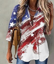 abordables -Camisa Patriótica del Día de la Independencia para Mujeres Rojo Blanco y Azul Bandera Nacional de EE. UU. Impresión de Botón Rojo Blanco y Azul Manga Larga Salida Diaria Ropa de Calle Casual Cuello