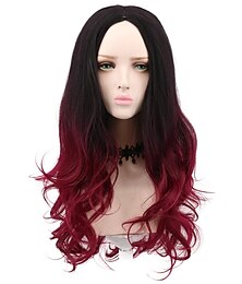 halpa -pitkä aaltoileva kaksisävyinen ombre musta tummanpunainen peruukki halloween cosplay puku peruukit