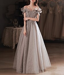 abordables -Les robes de bal de forme trapèze scintillent&amp;Robe de soirée brillante pour invités de mariage, longueur au sol, manches courtes, épaules dénudées, avec volants à paillettes, pour impressionner