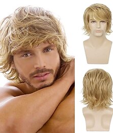 economico -parrucca bionda da uomo parrucca bionda a strati lanuginosa parrucca sintetica naturale per capelli cosplay di halloween per ragazzo maschio