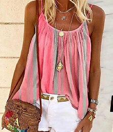 economico -Camisola da donna canotta estiva giallo rosa blu righe plissettata vacanza boho girocollo S