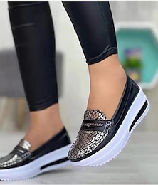 abordables -Mujer Zapatillas de deporte Slip-Ons Tallas Grandes Zapatillas sin cordones Color sólido Tacón Plano Deportivo Cuero PU Mocasín Negro Plateado Champaña
