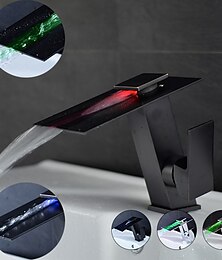 abordables -Robinet de salle de bain LED bec cascade 3 changements de couleur avec la température, mitigeur d'évier mono robinets de lavabo, mitigeur monotrou en laiton pour salle de bain robinet monté sur pont