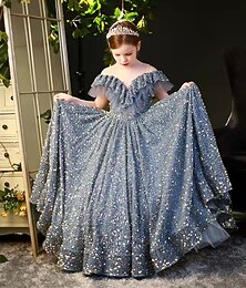 billiga -Barn Småbarn Liten Flickor Klänning Paljett Swingklänning Bröllop Speciellt Tillfälle Paljetter Rynkad Nät Dammig blå Maxi Kortärmad Prinsessa söt stil Klänningar Vår Sommar Smal 1 st.