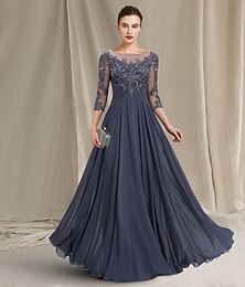 levne -A-Line Šaty Matky Nevěsty Elegantní Klenot Krk Dlouhá Délka Šifon Krajka 3/4 Délka Rukávu s Pleaty Aplikacemi bez zakázaných velikostí