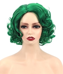 economico -Parrucche corte verdi grandi ricce ondulate a strati per donne cosplay festa capelli in fibra sintetica parrucche parrucche di Halloween parrucche per il giorno di San Patrizio