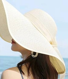 cheap -Ladies Summer Ribbon Hats Elegant Straw Hats For Women Beach Seaside Vacation Foldable Sun Hat Sun Floppy Visor