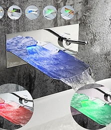 abordables -Grifo de lavabo de baño montado en la pared, grifos de baño cromados contemporáneos con cascada led de dos orificios de un solo mango con agua fría y caliente