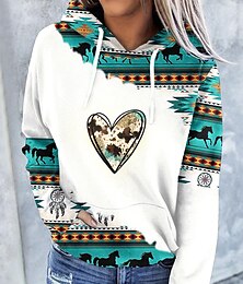 abordables -Sudaderas con Capucha para Mujeres Manga Larga Sudadera con Capucha de Impresión Geométrica Azteca Cordón Sudadera con Capucha de Bloque de Color Tops Pullover con Bolsillos Comodidad Tejido