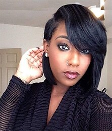 cheap -Short Cut Bob Synthetic Wigs for Women Heat Resistant Costume African American Wigs with Side Bangs Natural Black Full Wigs Look Real