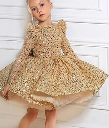 abordables -Vestido de niñas pequeñas con lentejuelas, vestido de línea, rendimiento de fiesta, lentejuelas, amarillo brillante, asimétrico, manga larga, princesa, vestidos dulces, verano, ajuste regular, 3 a 12 años.