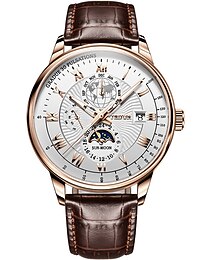 abordables -Reloj mecánico para hombres lujo analógico reloj de pulsera calendario automático auto-winding fase lunar impermeable reloj de cuero genuino regalo
