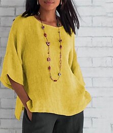 abordables -Mujer Camisa Camisas de algodón y lino Blusa Tops largos de algodón Plano Diario Básico Casual Manga Larga Cuello Barco Escote Redondo Tops regulares Diario Amarillo Rosa Azul Piscina Gris Primavera