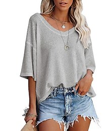 economico -T-shirt a maniche corte a maniche corte in tinta unita allentata con maniche a bambola con scollo a V estiva da donna