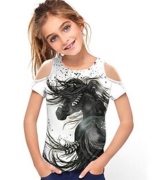 ieftine -Fete 3D Animal Cai Tricou Manșon scurt Tipărire 3D Vară Primăvară Activ Modă Drăguţ Copii 3-12 ani În aer liber Zilnic Fit regulat
