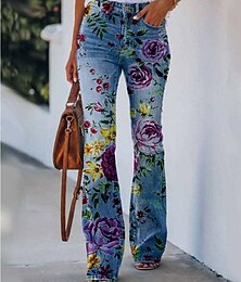 baratos -calça bootcut feminina boca de sino cinza moda casual diária comprimento total flor/floral xxl