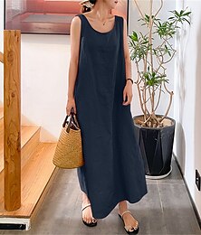 cheap -Women's Sleeveless Cotton Linen Maxi Dress Crew Neck Pockets Loose Fit Summer Spring