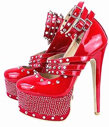cheap -Women's Heels Pumps Ladies Shoes Valentines Gifts Dress Shoes Stilettos Party Valentine's Day Daily Color Block Rhinestone Rivet Buckle Platform High Heel Stiletto Round Toe Gothic Patent Leather