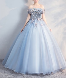 levne -Ball Gown Prom Šaty Květinové Šaty Quinceanera Prom Dlouhá Délka Krátký Rukáv Bez Rukávu s Aplikacemi Čistá Barva šaty na Oslavu