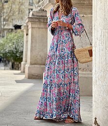 cheap -Women's Casual Dress Swing Dress Boho Dress Long Dress Maxi Dress Green Pink Long Sleeve Floral Print Winter Fall Autumn V Neck Winter Dress Weekend Fall Dress S M L XL