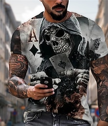 cheap -Halloween Mens Graphic Shirt Skull Casual 3D For | Pink Summer Cotton Unisex Tee Prints Poker Crew Neck Red Brown Gray Outdoor Street Short Holding Ace Of Spades Playing Cards