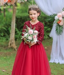 preiswerte -Blumenmädchenkleid Mädchen Kleid Party Kleid Leistung Hochzeit Party Kuschelig Süß Danksagungen Silvester Pailletten Langarm V-Ausschnitt Rote Blau 4-13 Jahre