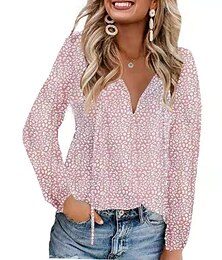 abordables -Mujer Camisa Camisa de encaje Blusa Tops elegantes Leopardo A Lunares Ropa de calle Casual Manga Larga Escote en Pico Tops regulares Casual Diario Festivos Acordonado Estampado Negro Verde Claro Rosa