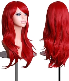 abordables -Perruques 28 pouces perruque cosplay ondulée et bouclée perruque sirène rouge perruques en cheveux synthétiques pour Halloween