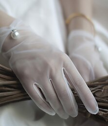 billige -Polyester Håndledslængde Handske Handsker / Imiteret Perle Med Imiterede Perler / Ren Farve Bryllup / festhandske