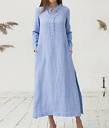 abordables -Femmes Blanche Bleu Été Printemps Automne Grande taille Robe maxi Robes en coton et lin Robe Chemise Robe en coton et lin Rétro Basique Occasionnel Maison Quotidien Coupe Ample Encolure en V