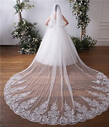 cheap -One-tier Lace Applique Edge / Lace Wedding Veil Cathedral Veils with Embroidery / Appliques / Paillette 118.11 in (300cm) Tulle