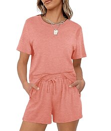 billiga -dam loungewear nattset 2 stycken ren färg enkel komfort hemgata bomull rund hals kortärmad t-shirt t-shirt shorts sommar vår hem outfits