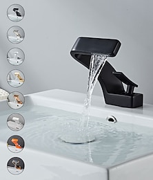 abordables -Grifo monomando para lavabo de baño, grifo mezclador de cascada de un orificio, grifo para lavabo de latón, grifo para recipiente con curva en 7, cromo, níquel cepillado, oro negro