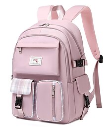abordables -Mochila escolar para hombre y mujer, mochila para ir al trabajo, mochila escolar para viajar, color sólido, tela oxford, ajustable, gran capacidad, botones impermeables, cremallera, negro, rosa, morado